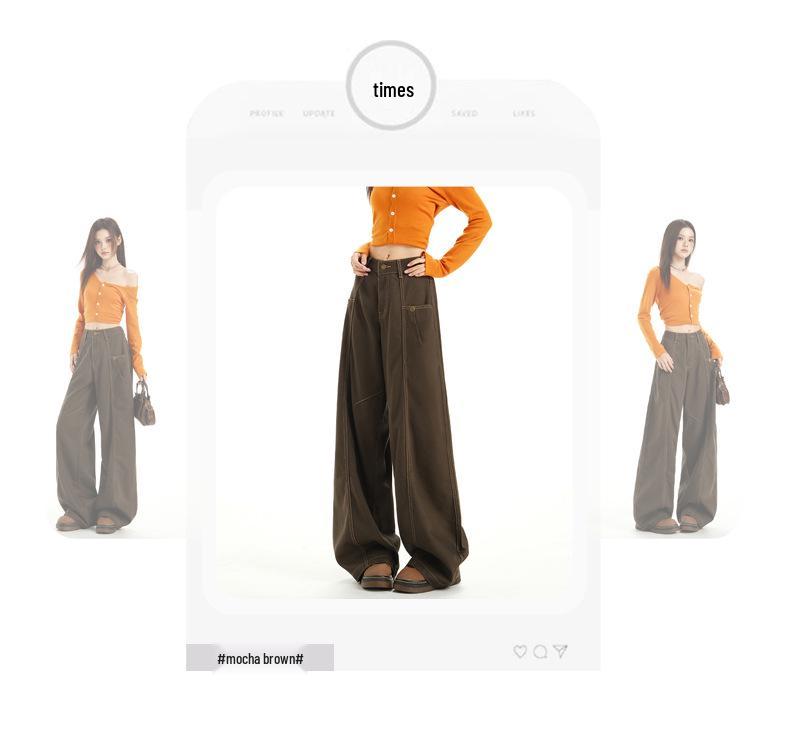 Women's Autumn Retro High Street Loose Fit Straight-Leg Wide Mop Jeans