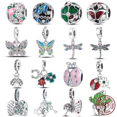Plants Insects Charms Bead Copper Butterfly Dragonfly Cactus Clover Dangle Pendant Fit Pandora Bracelet Diy Jewelry