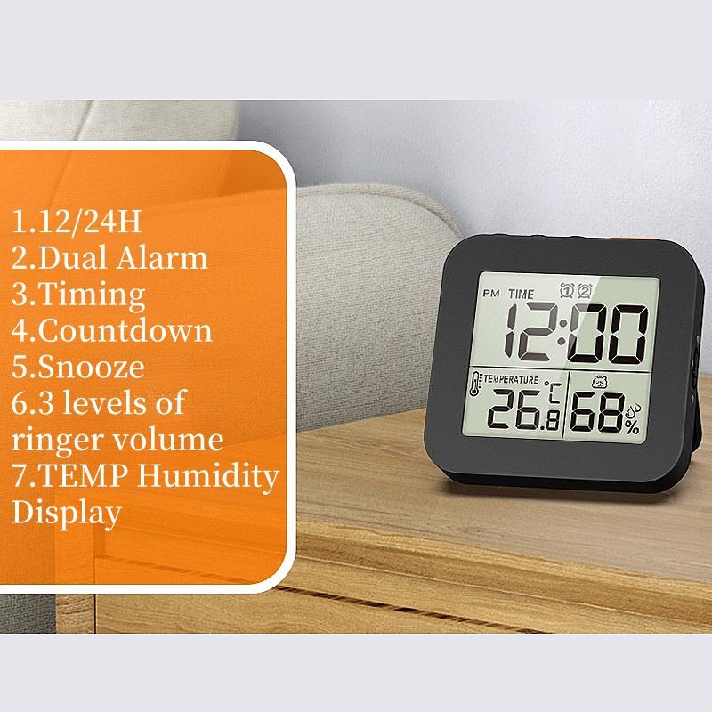 

Мини-цифровой будильник с индикацией температуры и влажности, двойной будильник с обратным отсчетом времени, подсветкой и функцией повтора сигнала, настольные часы с ЖК-дисплеем на батарейках, 12/24 часа чёрный