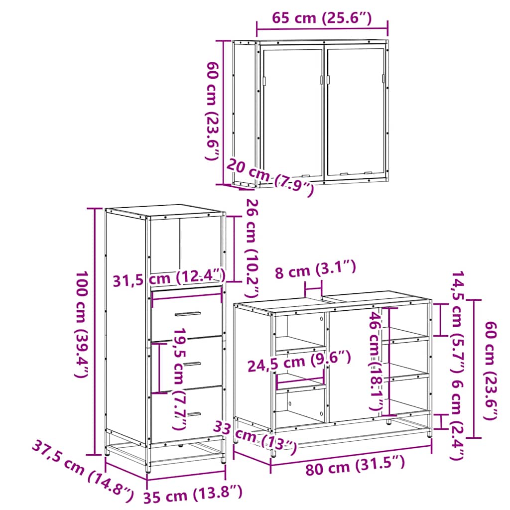 3 Piece Bathroom Furniture Set Smoked Oak Wood Based Material