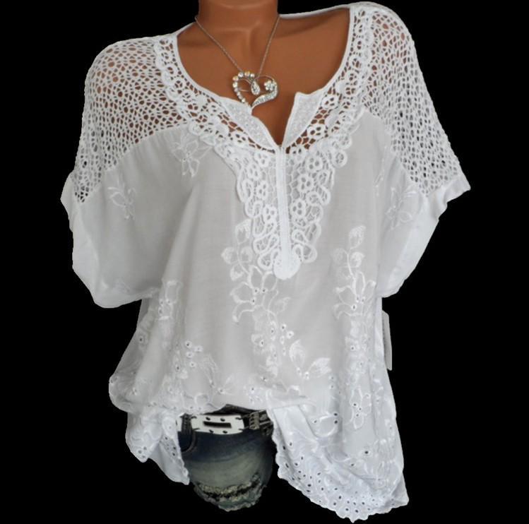 Women s lace V-neck short sleeved bat shirt S белый