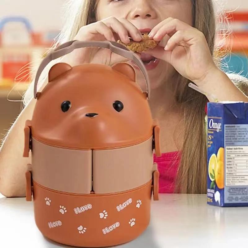 Lunch Box Portable Insulated Lunch Container Set Stackable Bento Cartoon Eyeglass Bear Shape Food Storage Container For Kids