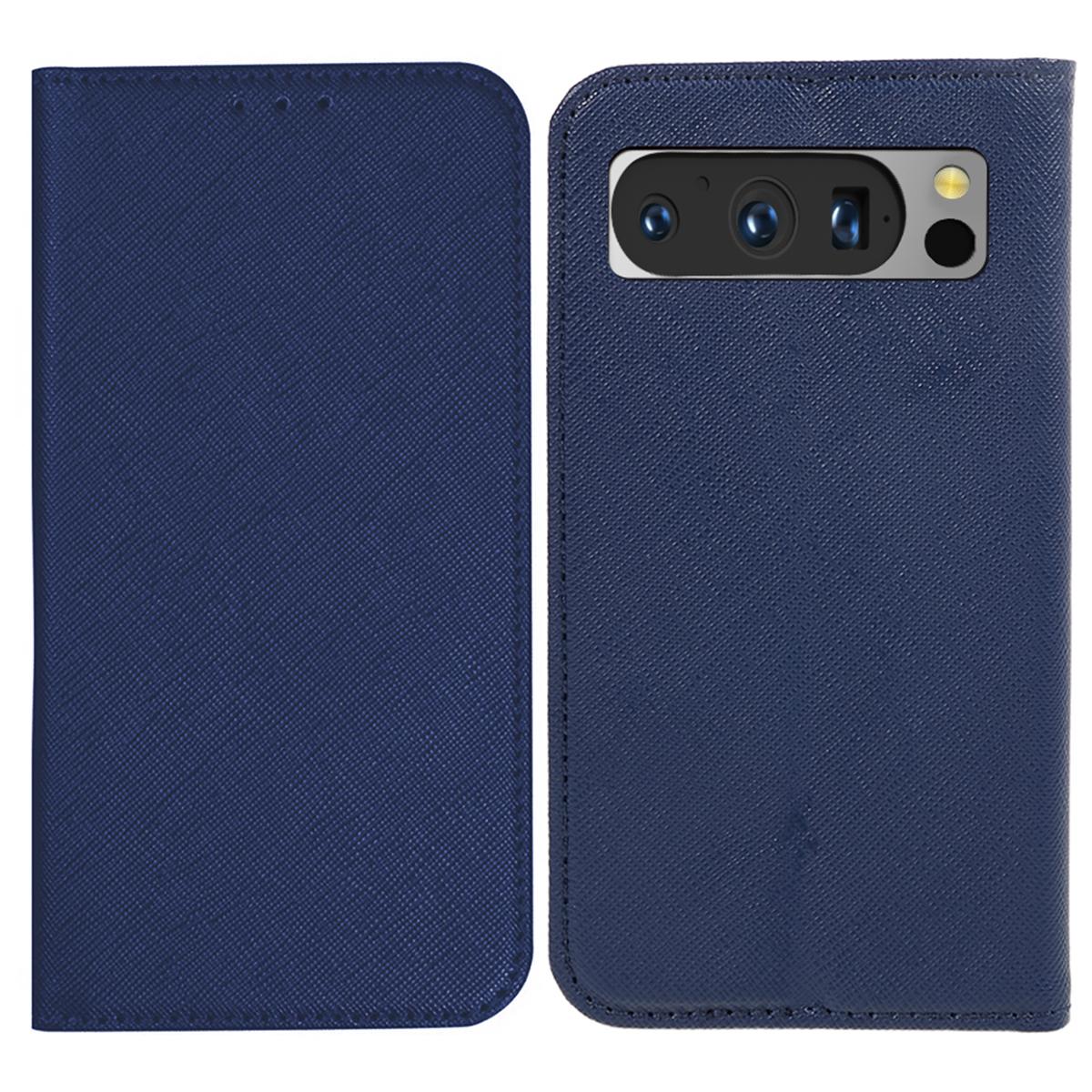 

For Google Pixel 8 Pro Shockproof Mobile Phone Shell Wallet Cross Texture Stand PU Leather Cover Dark Blue