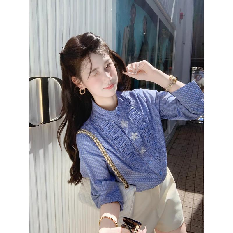 

Women s Early Spring Blue Plaid Semi-High Collar Long Sleeve Shirt M