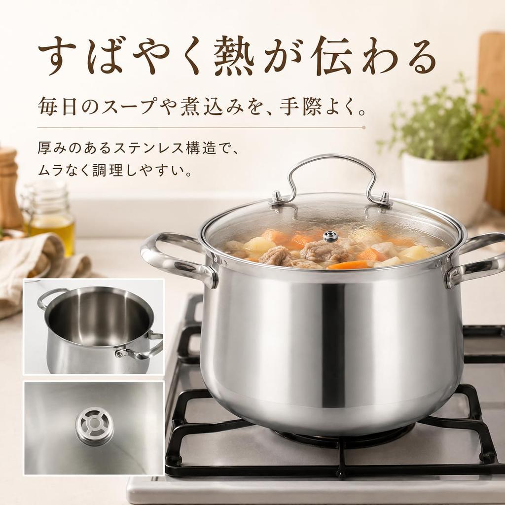 DELARLO Stainless Steel Soup Large Induction with Tempered Glass 24cm Stainless Steel Cooking Surface Triple-Wall Pot, 6.5L Capacity, Compatible, Lid,