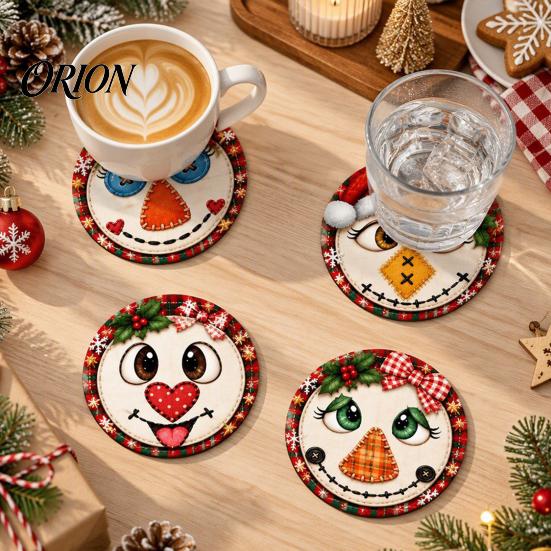 Rustic Wooden Coasters 4Pcs Christmas Snowman Coasters, Cute Face Drink Cup Natural Wood Mats, Heat Resistant UV Printed Tabletop Holiday Decorations