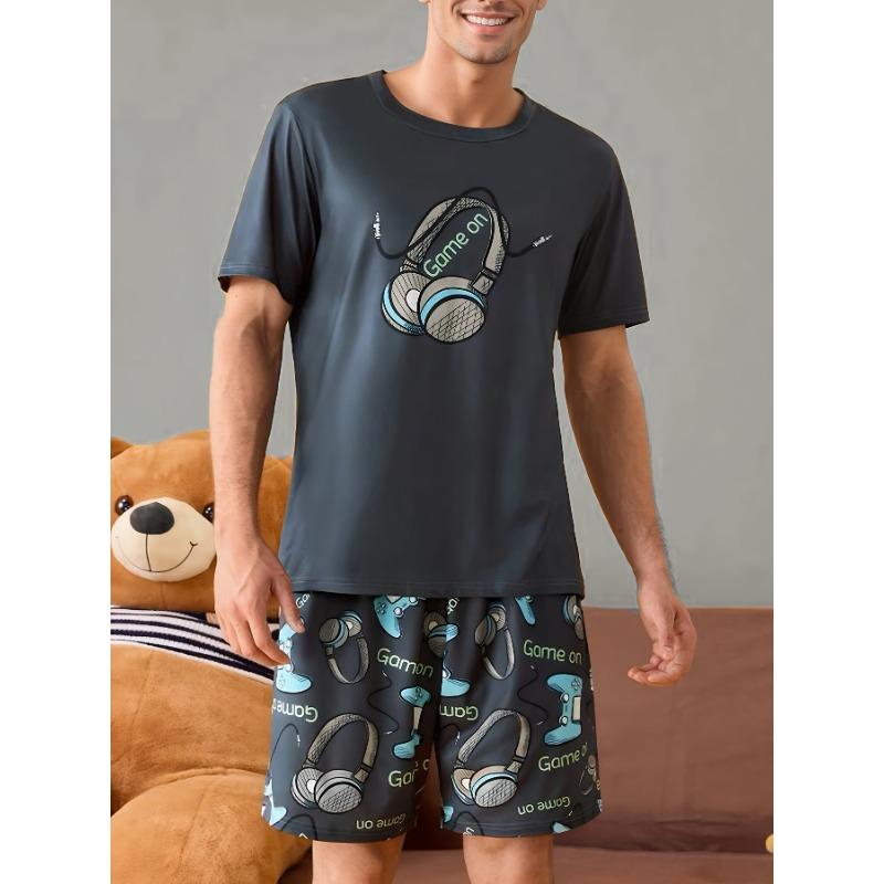

Men s Cute Headphone Print Short Sleeve Shorts Set XL