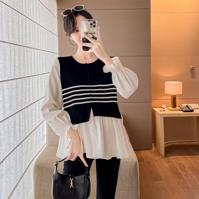 2026 Autumn Maternity Loose Striped Spliced Two-Piece Top Double Extra Large (2XL)