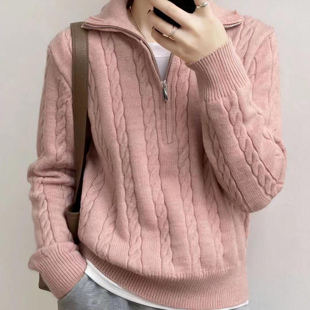 Korean Style Retro Cable Knit Zipper Pullover Sweater - Women's Autumn/Winter 2025 Collection