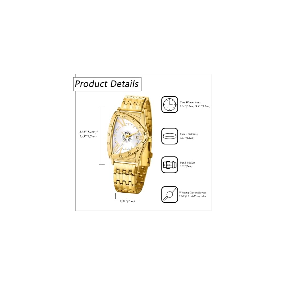 Men's Triangular Analog Watch Waterproof Stainless Steel Antique Silver Gold Calendar Accessory