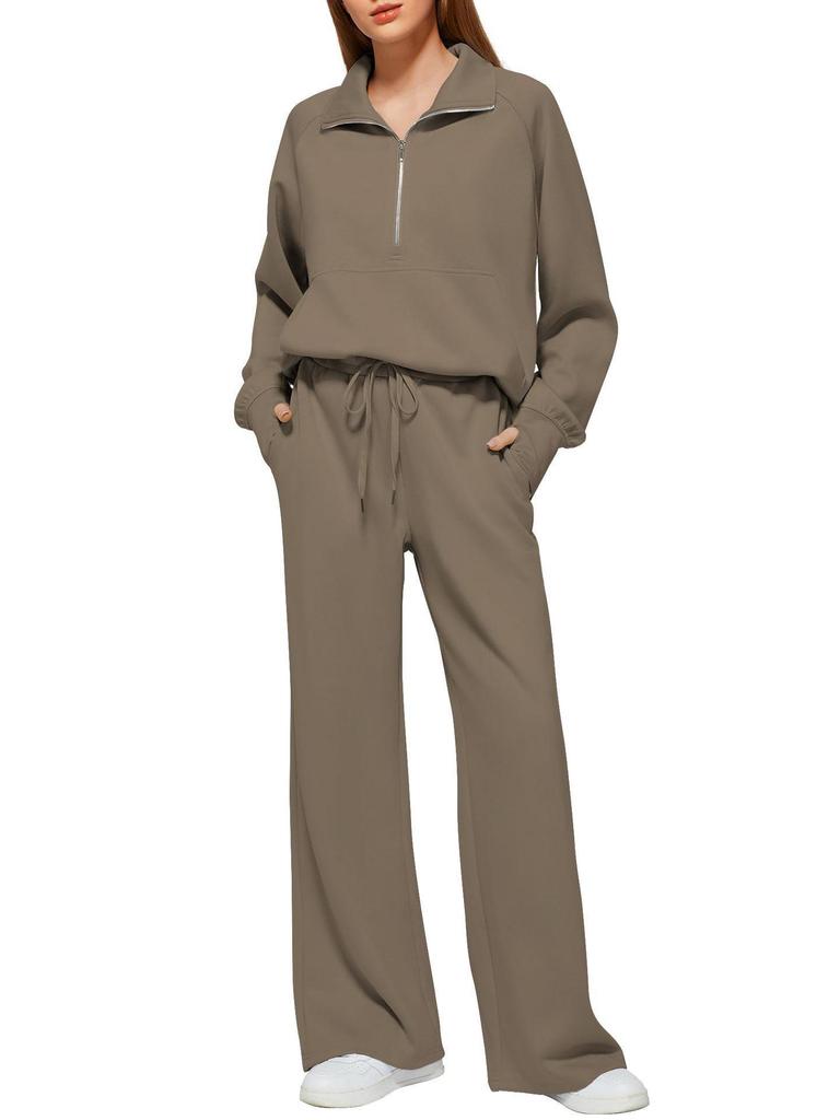 Damski zestaw 2-częściowy 2024: Bluza z zamkiem do połowy i szerokie spodnie dresowe