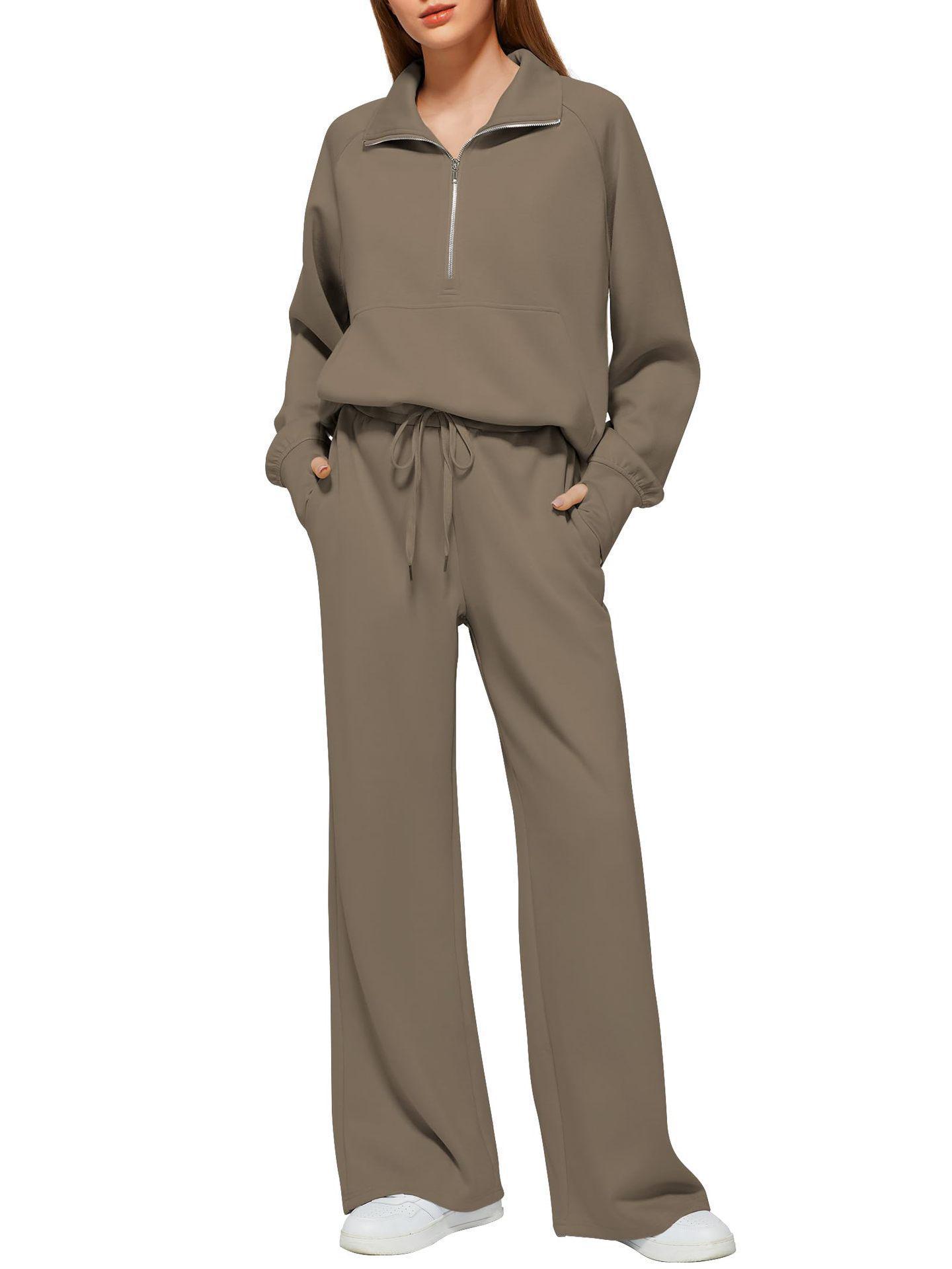 

Женский комплект из двух предметов 2024: Свитшот на молнии до середины и широкие спортивные штаны 3XL темные хаки