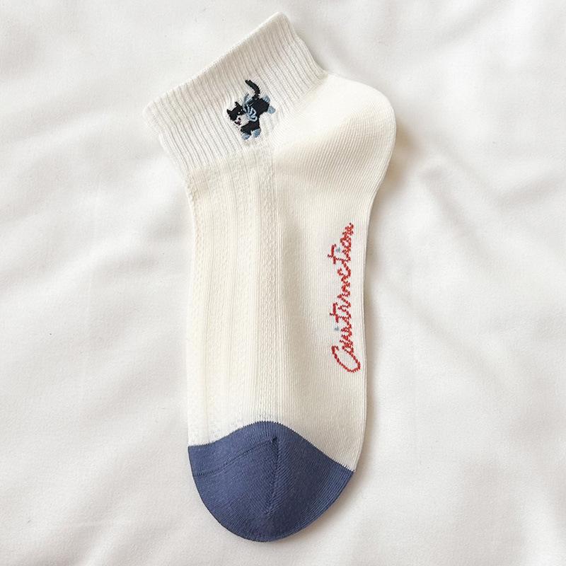 

2026 Spring/Summer Women s Breathable Cotton Socks - Cherry Cat & Little Dog Embroidery One Size