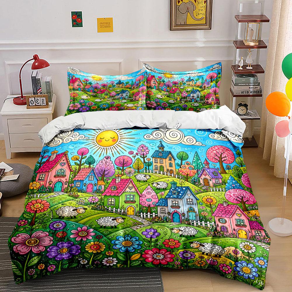 Colorful Village And Sunshine Cartoon Print Soft Comfortable Duvet Cover Bedding Set Included 1*Duvet Cover 2*Pillowcases
