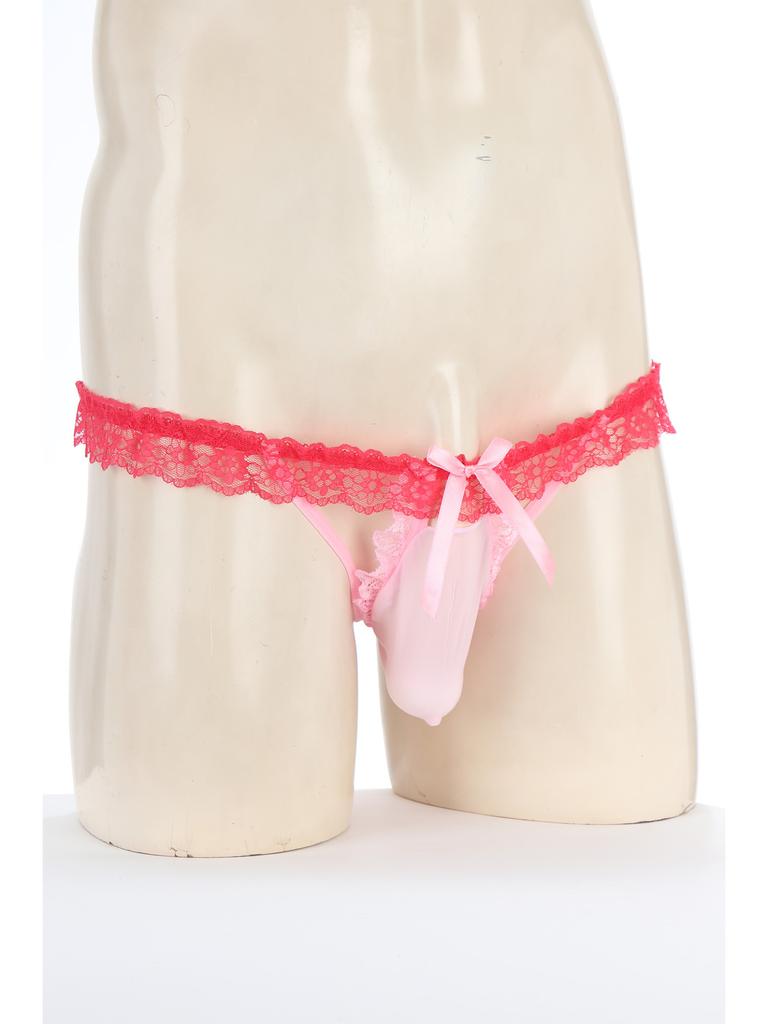 Bărbați din dantelă florală cu bandă elastică tanga sissy lenjerie de corp culoare contrastantă cu fundă husă umflături cu șnur decupat spate în T