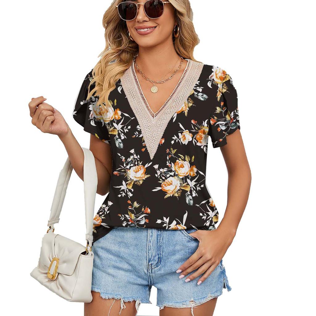 Women's V-Neck Printed T-Shirt Petal Sleeve Loose Top T-Shirt