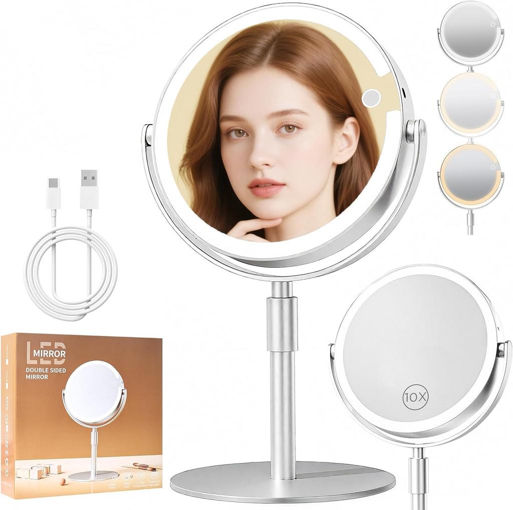 8-inch Double-sided Illuminated 10x Magnification Makeup Mirror with Metal Tabletop, Suitable for Home and Travel Use
