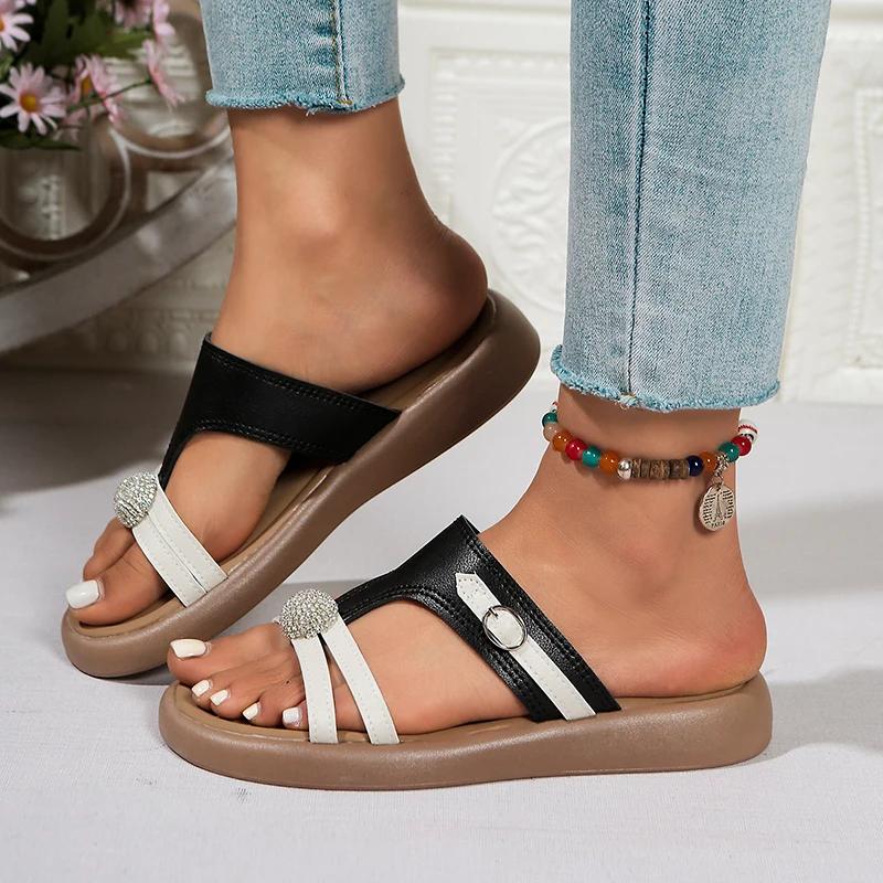 Mixed Colors Flat Slippers Women Shiny Crystal Ball Soft Sole Non Slip Beach Shoes Summer Comfort Light Platform Outdoor Slides