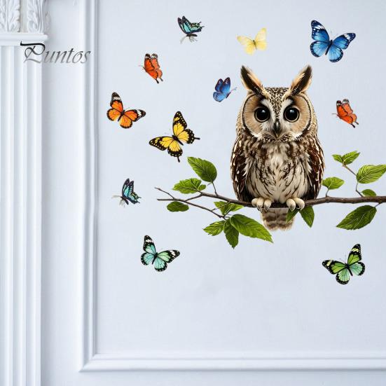 Pastoral Style Wall Mural Owl Butterfly Sticker, Forest Animal Illustration Decorative Decals, Sunproof Outdoor Window Cling Waterproof Removable