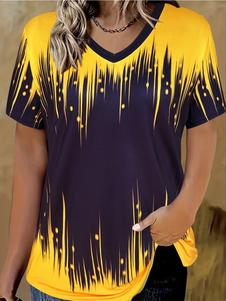 Summer Women's T-shirt Casual Elegant V-neck Short-sleeved Gradient Top Loose Casual Wear Ladies T-shirt Y2K