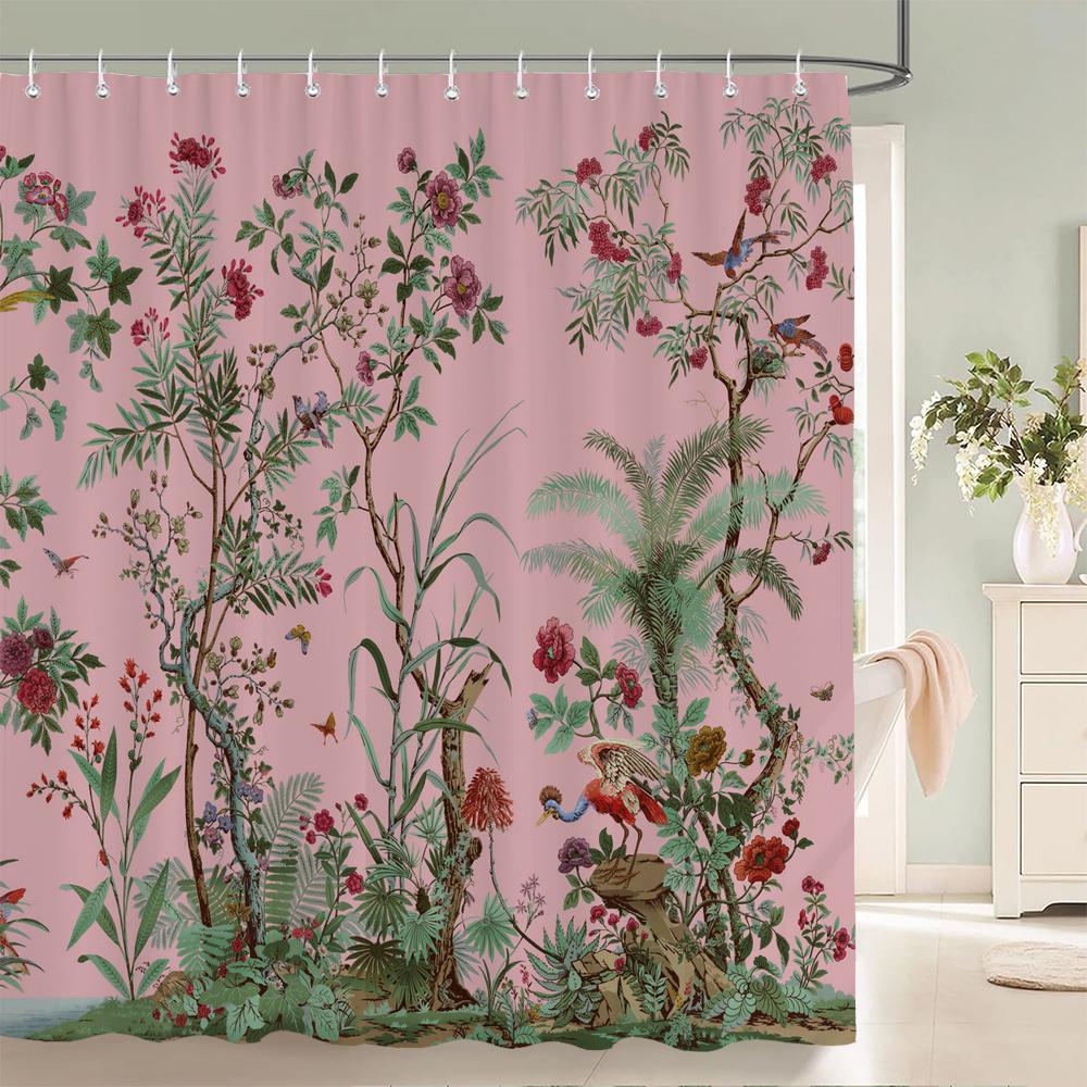 Flowers Birds Bath Curtain Waterproof Fabric Shower Curtains Floral Leaves Landscape Printing Bathroom Screen Home Decoration