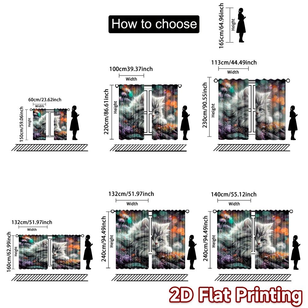 2D Flat Printing 2pcs Curtain Curtains Dreamy Kitten with Flowers Digital Printed Polyester Drapes Festive Wall Decor for New
