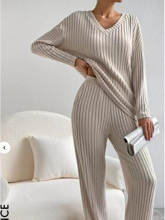 European & American Autumn/Winter Two-Piece Set: V-Neck Ribbed Knit & Casual Straight-Leg Pants