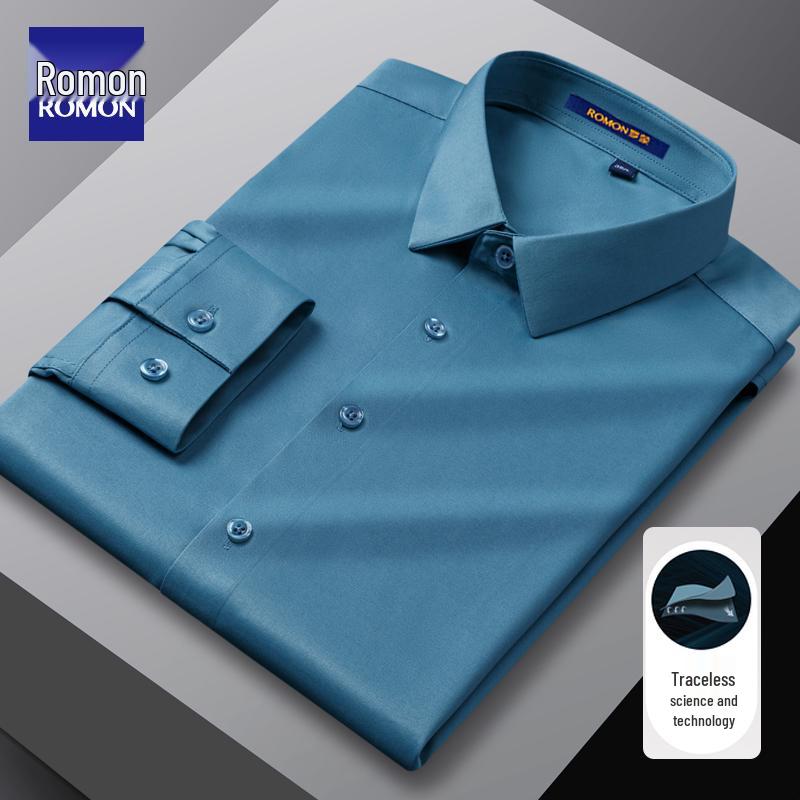 Romon Men's Gray Long Sleeve Business Casual Faux Silk Seamless White Shirt