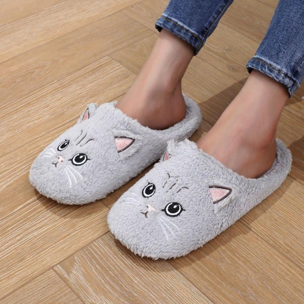 Damen Plüsch Katzen Hausschuhe - Winter Warme Rutschfeste Indoor Hausschuhe mit Niedlichem Cartoon Kätzchen Design, Weiche EVA Sohle & Gemütlicher Stoff, Niedliche Hausschuhe