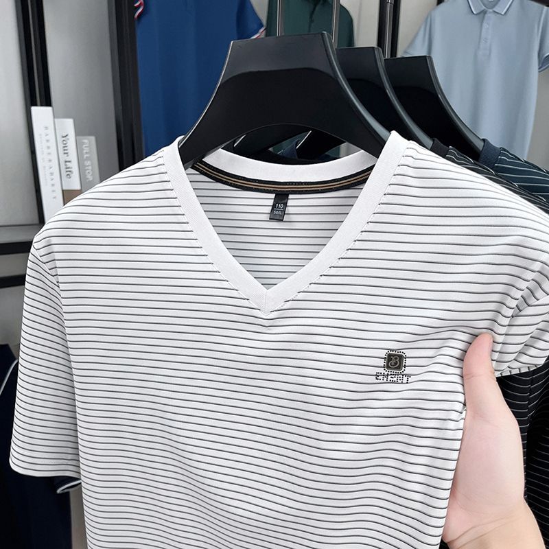 Men Summer Lightweight Breathable Ice Silk Short Sleeve T-shirt Casual Trendy Striped Design