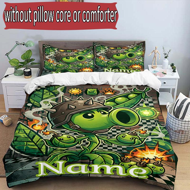 3pcs Duvet Cover Set (1*Duvet Cover + 2*Pillowcase, Without Core), Custom Name Plants Vs. Zombies Pattern Bedding Set, Home Bedroom Decor Gift