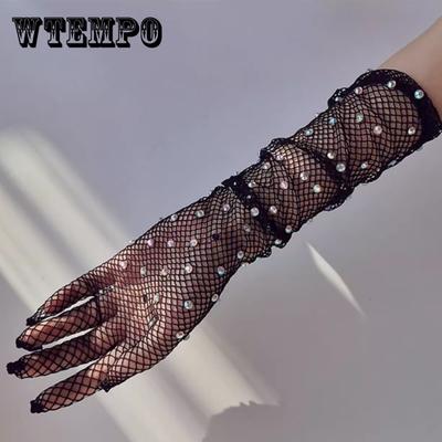 Mesh Hollowed Out Rhinestone Gloves for Women Thin and Sexy Lace Trampoline Stage Gloves
