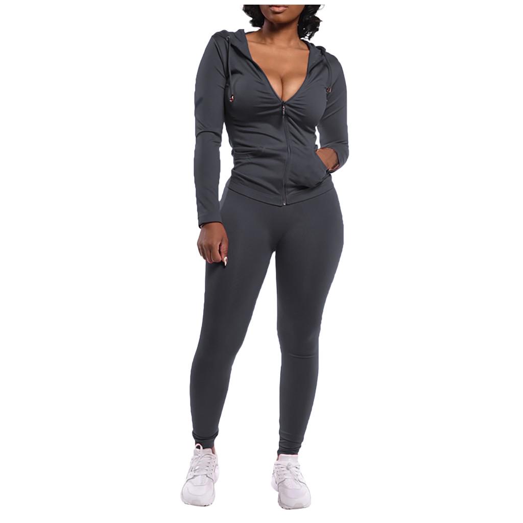 Fashion Women Lady Split 2 Piece Sports Suit Set Casual Solid Color Suit