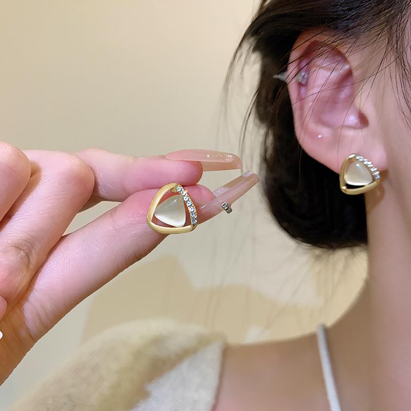 S925 Silver Needle Geometric Triangle Opal Earrings Women s Compact Design Earrings Korean Earrings