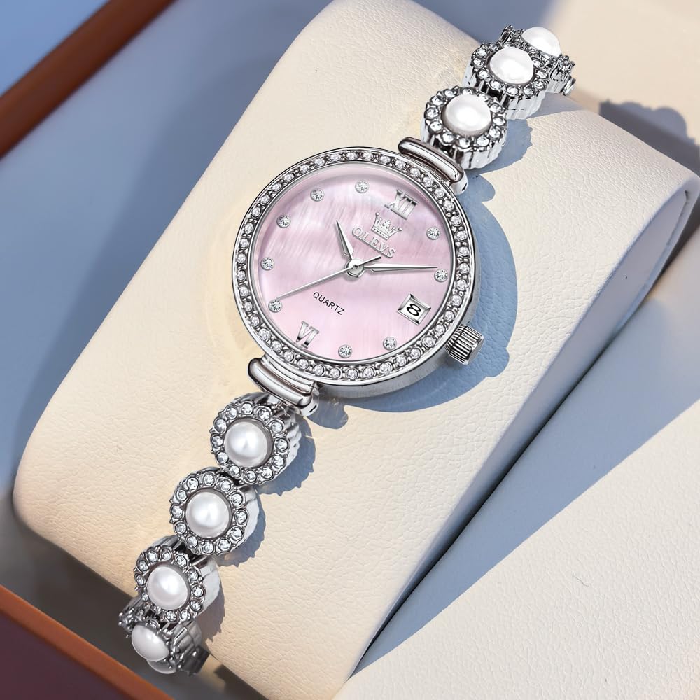 OLEVS Stainless Pearl Watch Pink Rose Gold Women's Watch, Small, Stylish, Quartz, Waterproof, Popular, Steel, Bracelet, Slim, Cute, Sparkling, Women's