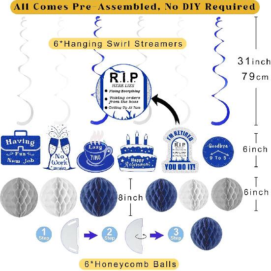 Navy Blue Retirement Party Decorations, Pre-Strung Happy Retirements Banner with Honeycomb Balls, Hanging Swirls, Circle Dots Garland for Happy