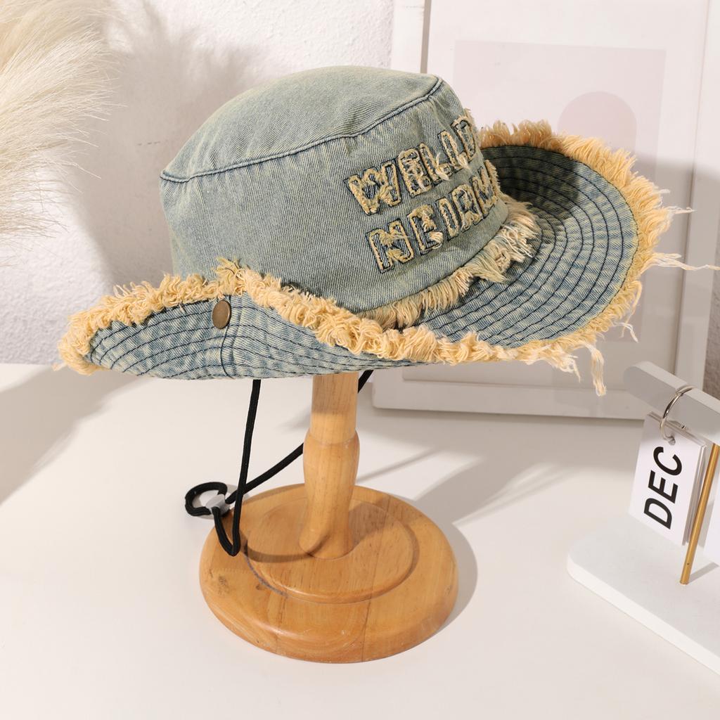 Spring and Autumn New Washed Letter Fringed Wide-brimmed Fisherman's Hat and Fashionable Flanged Flat-top Sun Hat