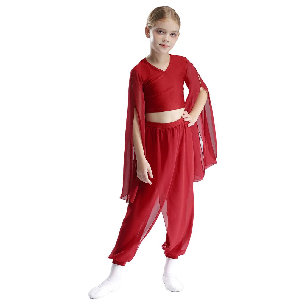 Girls Classical Dance Set V Neck Crop Top Flared Sleeves Design with Practice Pants Performance Outfit