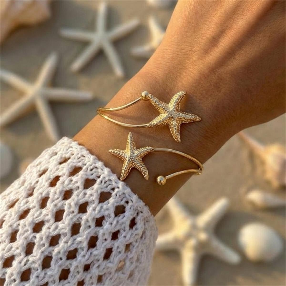 

Boho Irregular Surface Starfish Opening Cuff Bracelets For Women Men Vintage Metal Sea Star Bangle Summer Ocean Beach Jewelry