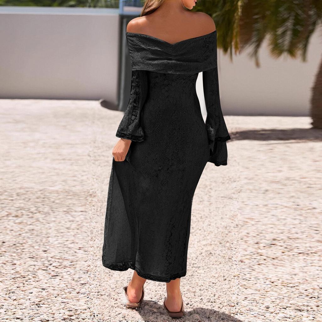 Elegant Off Shoulder Lace Maxi Dress  Women Long Sleeve Evening Party Dresses For Date Nights