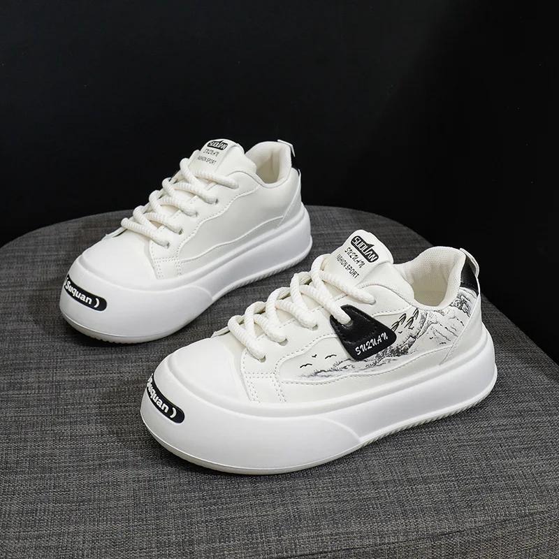 Women's Breathable Board Shoes Spring Thick Soft Sole Lightweight Sneakers Female Casual Platform Lace Up Flats  Mujer