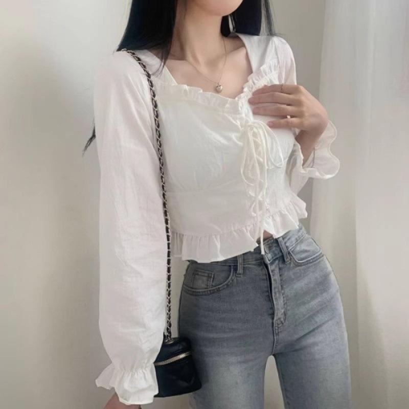 

Ранняя осень Корейская блузка с квадратным вырезом и завязками, с длинным рукавом, женская, приталенная, уникальный топ 2XL белый