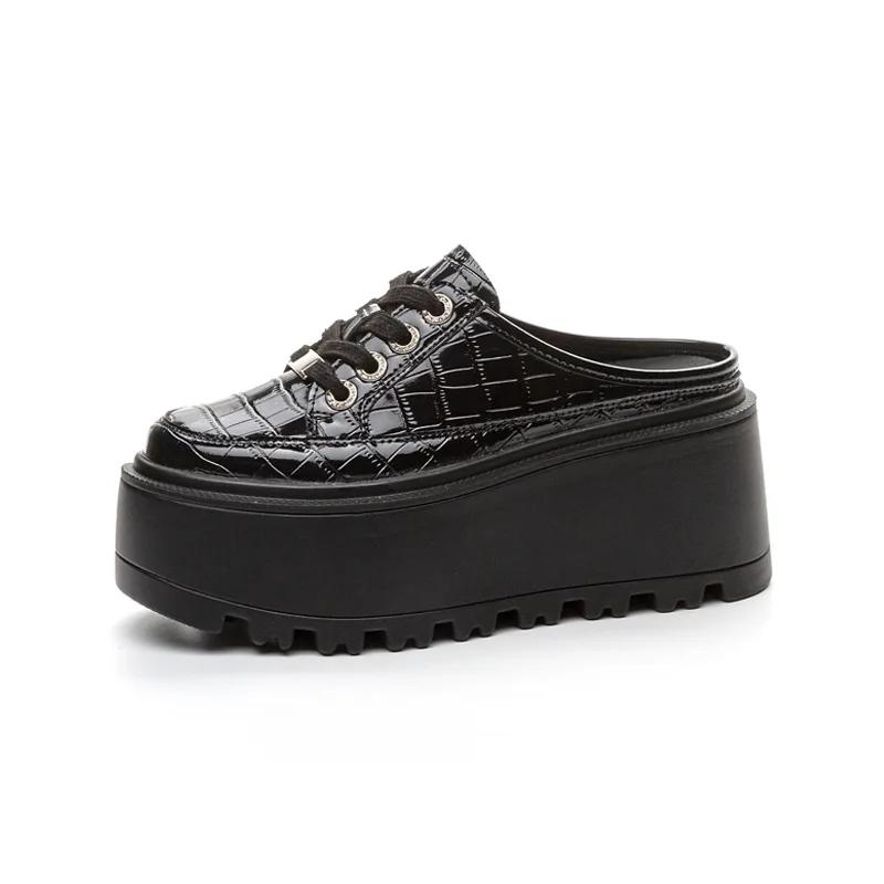 Fashion 8cm 2025 Patent Microfiber Leather Women Slipper Sandals Shoes High Brand Fashion Platform Wedge Flats Summer Lace Up