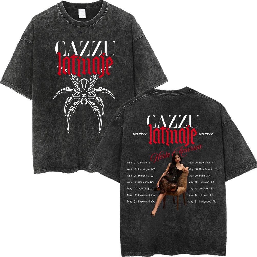 Vintage Washed Cazzu Latinaje Tour  Merch Tshirts Men Women Fashion Aesthetic Tshirt Summer Casual Loose Cotton T Shirts
