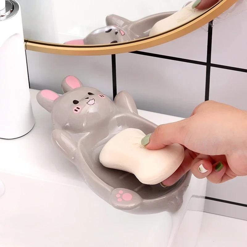 Cute Bunny Shaped Ceramic Drain Soap Box Creative Light Luxury Kitchen Bathroom Accessories Soap Dish Storage Box 1Pc