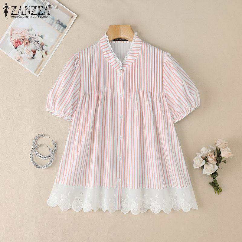 ZANZEA Women Casual Turn Down Collar Short Sleeve Lace Splice Stripe Blouse