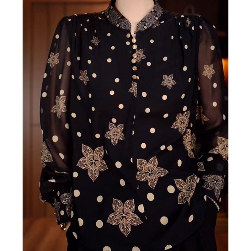 Fashion polka dot printed stand-up collar shirt women's spring and summer new loose meat covering long sleeves foreign style mother clothing thin top
