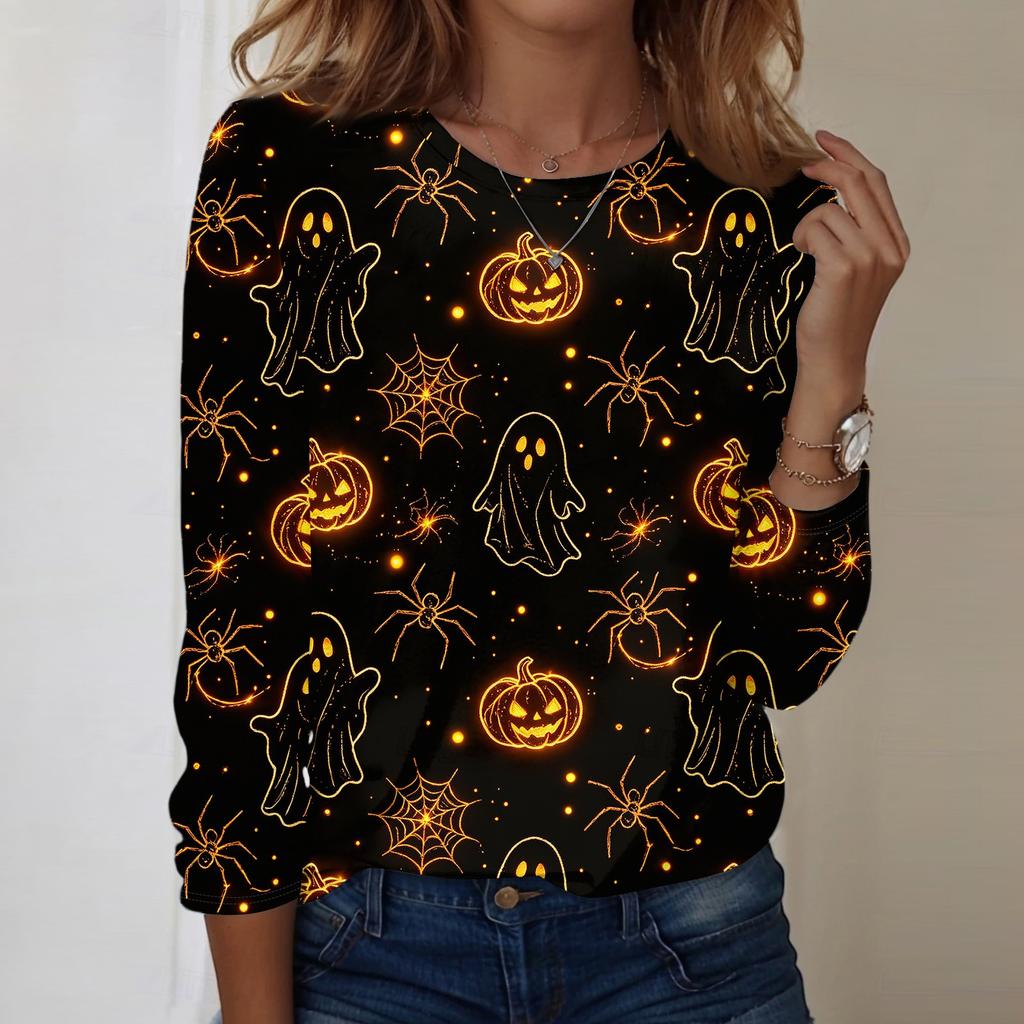 Women Casual Long Sleeve Pullover Sweatshirt Halloween Pumpkin Print Round Neck Top Lightweight Comfortable Fit