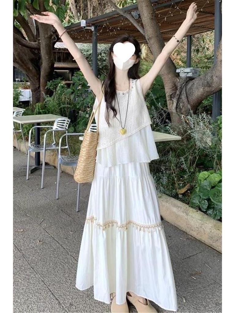 2025 Summer Retro Chinese-Style Hollow-Out Camisole and Ethnic Sleeveless High-Waist Two-Piece Dress Set