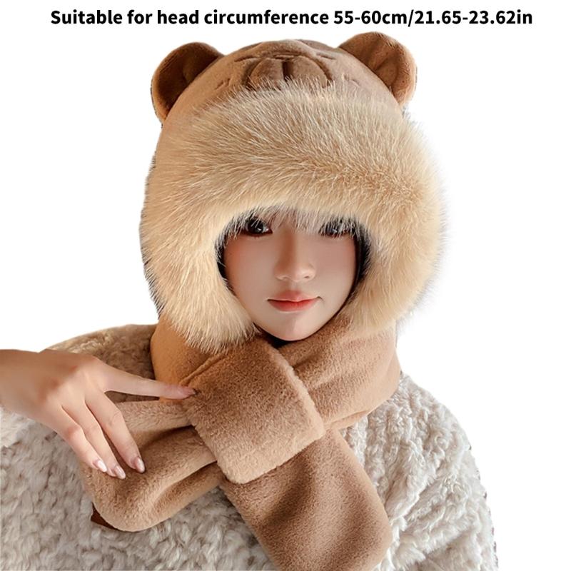 Furry Cartoon Capybara Hat with Scarf Gloves Set Thicken Furry Hat Oversized Headgear Hat for Winter Commute